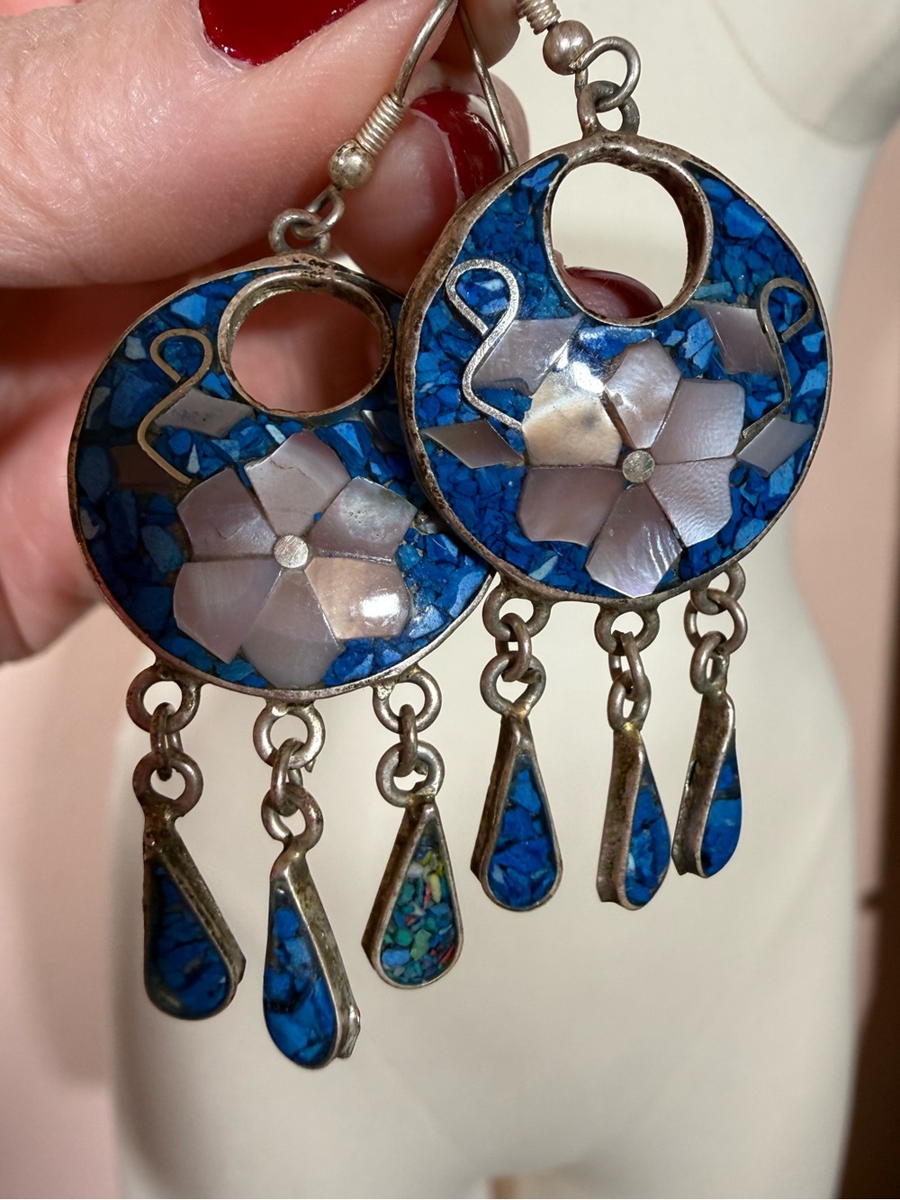 Vintage southwestern silver alpaca blue mosaic MOP Flower Chandelier Earrings